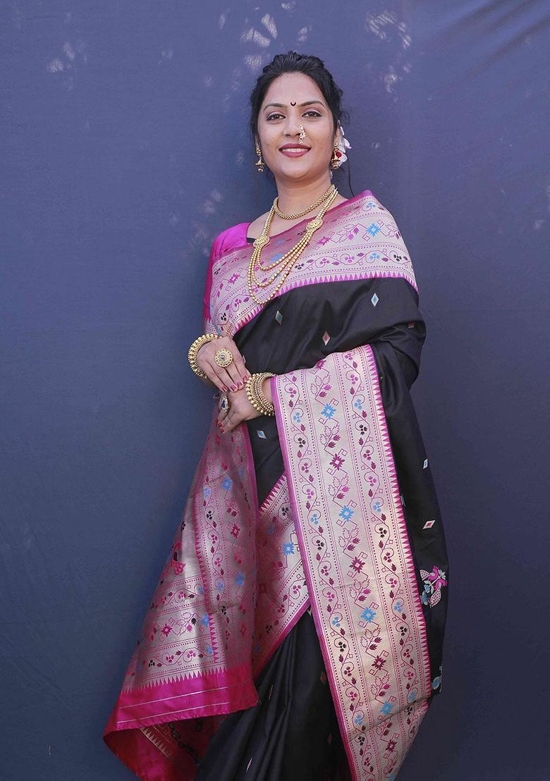 Black Ethnic Motif Woven Pure Banarasi Silk Saree Set