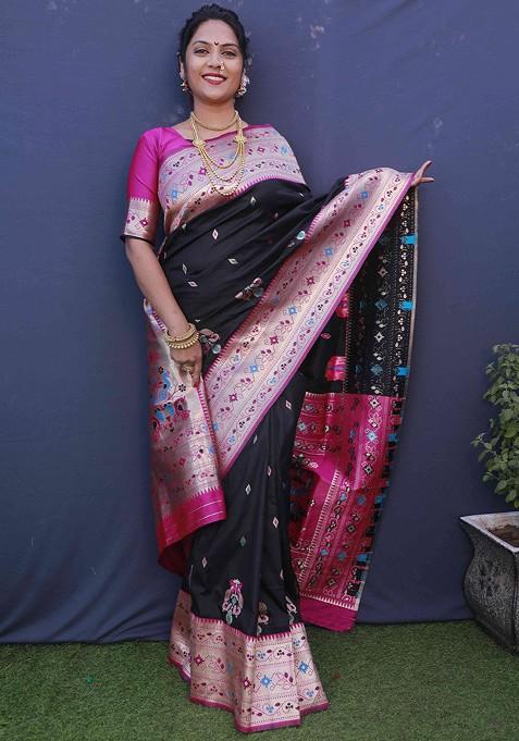 Black Ethnic Motif Woven Pure Banarasi Silk Saree Set