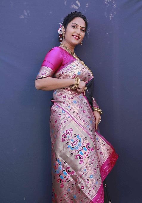 Black Ethnic Motif Woven Pure Banarasi Silk Saree Set