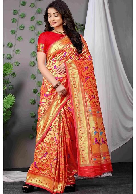 Orange Ethnic Motif Woven Zari Pure Banarasi Silk Saree Set