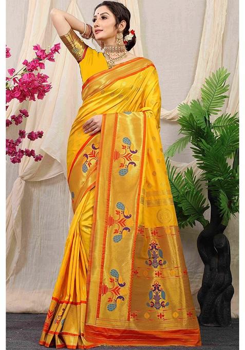 Yellow Floral Woven Zari Pure Banarasi Silk Saree Set