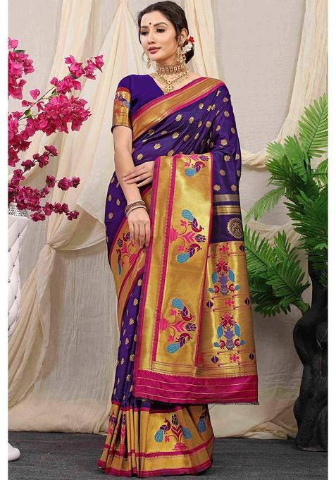 Purple Floral Woven Zari Pure Banarasi Silk Saree Set