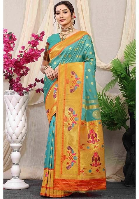 Sea Green Floral Woven Zari Pure Banarasi Silk Saree Set