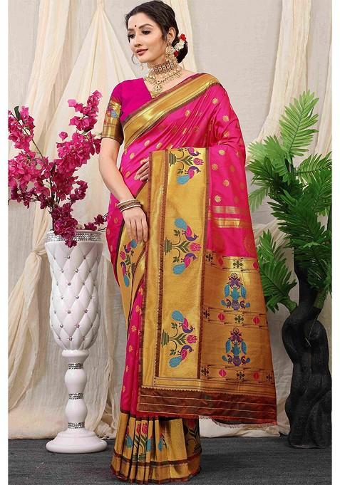 Pink Floral Woven Zari Pure Banarasi Silk Saree Set