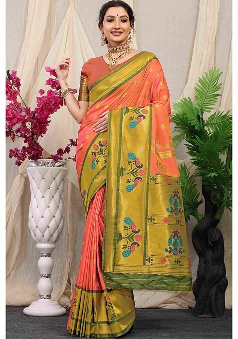 Peach Floral Ethnic Motifs Woven Zari Pure Banarasi Silk Saree Set