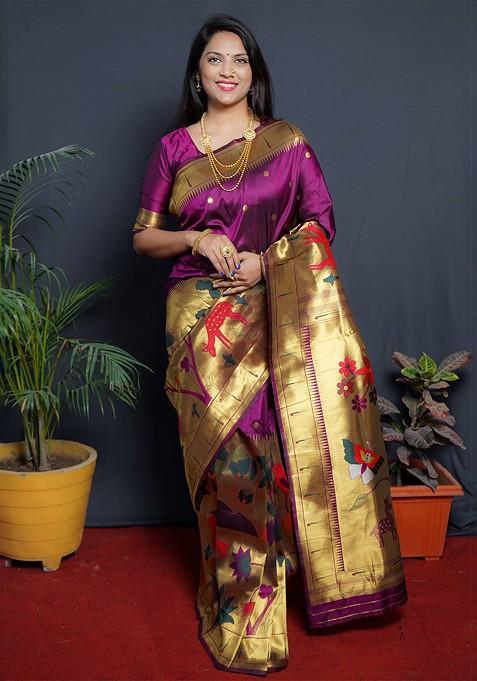 Violet Polka Dot Woven Zari Pure Banarasi Silk Saree Set