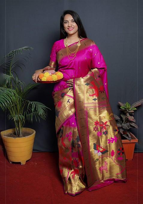 Pink Polka Dot Woven Zari Pure Banarasi Silk Saree Set