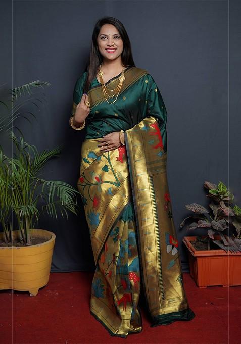 Green Polka Dot Woven Zari Pure Banarasi Silk Saree Set