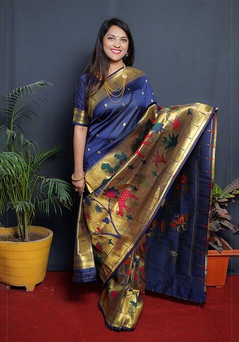 Blue Polka Dot Woven Zari Pure Banarasi Silk Saree Set