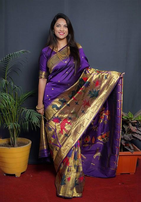 Purple Polka Dot Woven Zari Pure Banarasi Silk Saree Set