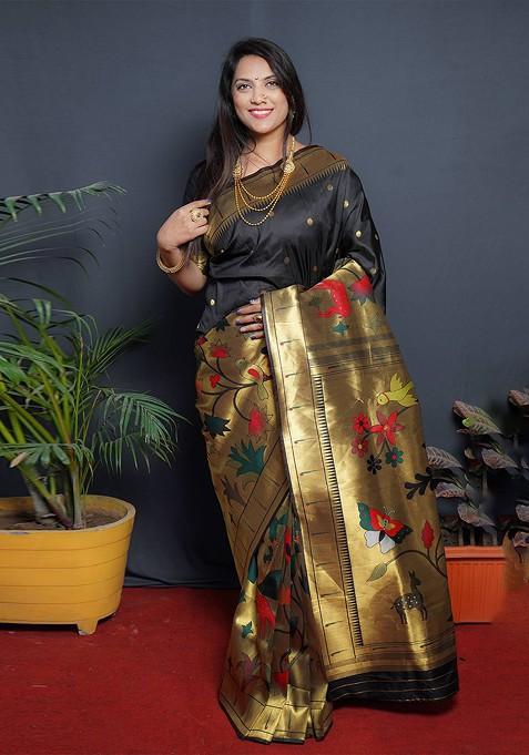 Black Polka Dot Woven Zari Pure Banarasi Silk Saree Set