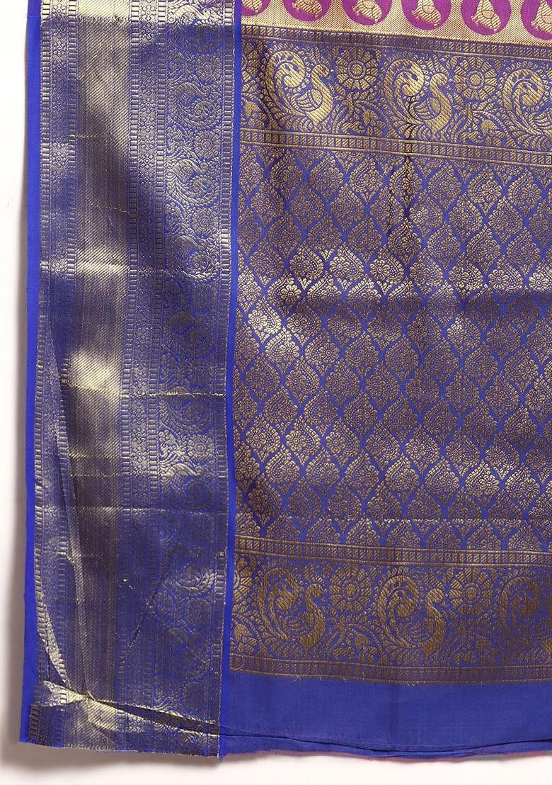 Purple And Blue Ethnic Motifs Zari Pure Banarasi Silk Saree Set