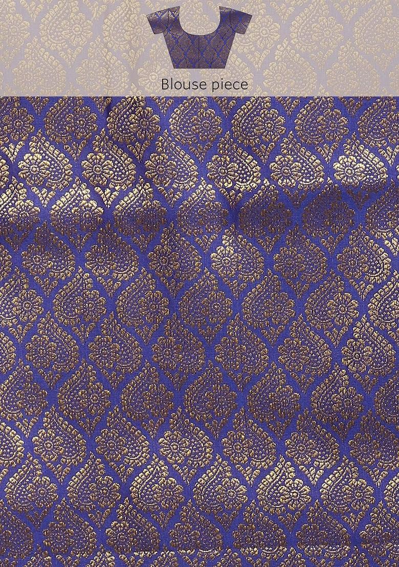 Purple And Blue Ethnic Motifs Zari Pure Banarasi Silk Saree Set