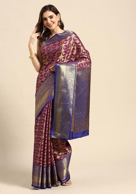 Purple And Blue Ethnic Motifs Zari Pure Banarasi Silk Saree Set