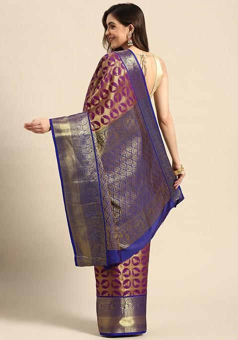 Purple And Blue Ethnic Motifs Zari Pure Banarasi Silk Saree Set