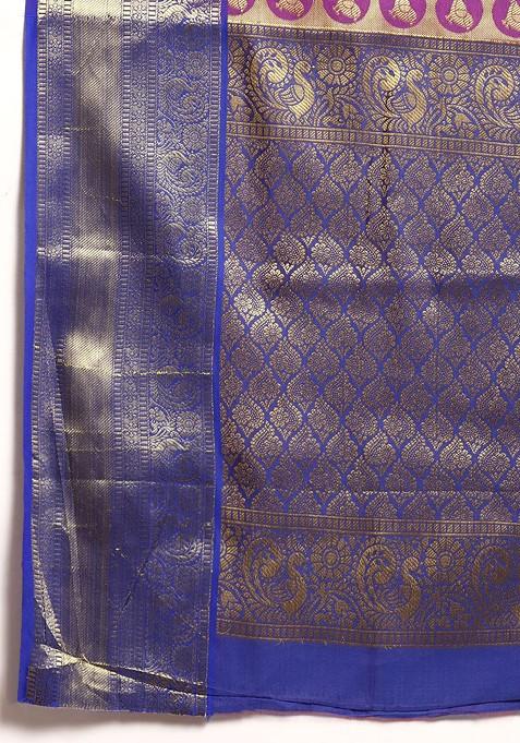 Purple And Blue Ethnic Motifs Zari Pure Banarasi Silk Saree Set