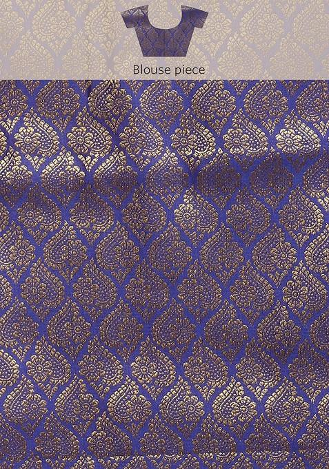 Purple And Blue Ethnic Motifs Zari Pure Banarasi Silk Saree Set