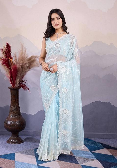 Firozi Sequin Embroidered Twill Net Saree Set