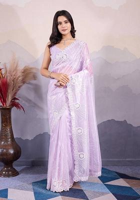 Lavender Sequin Embroidered Twill Net Saree Set