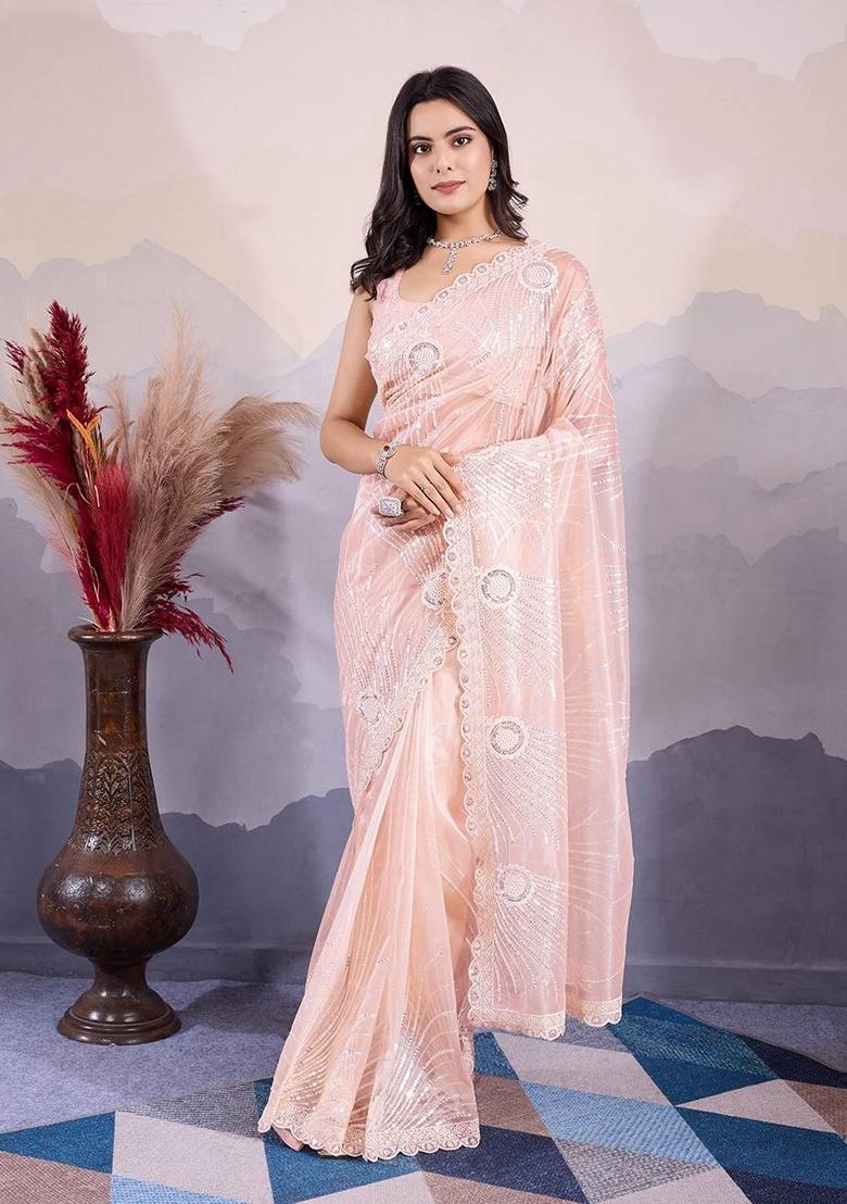 Peach Sequin Embroidered Twill Net Saree Set