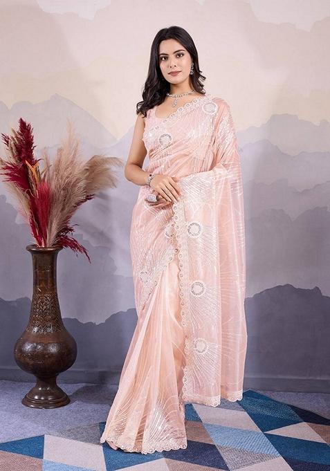 Peach Sequin Embroidered Twill Net Saree Set