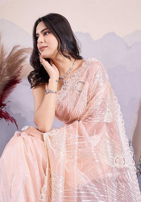 Peach Sequin Embroidered Twill Net Saree Set
