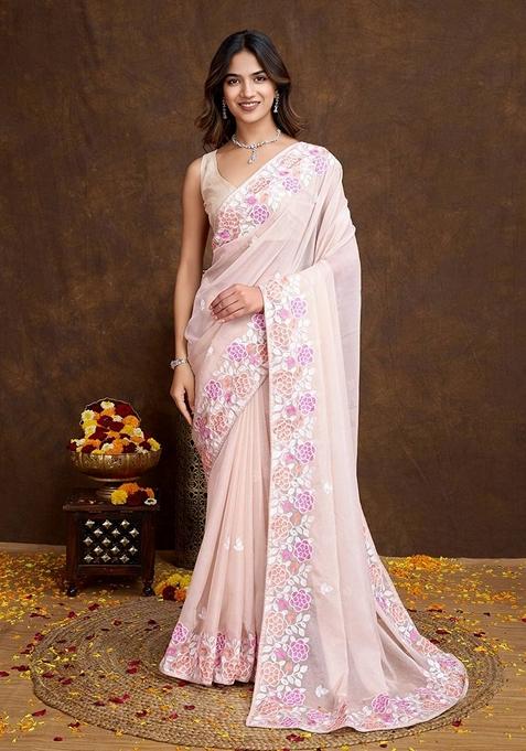 Beige Embroidered Tabby Organza Saree Set