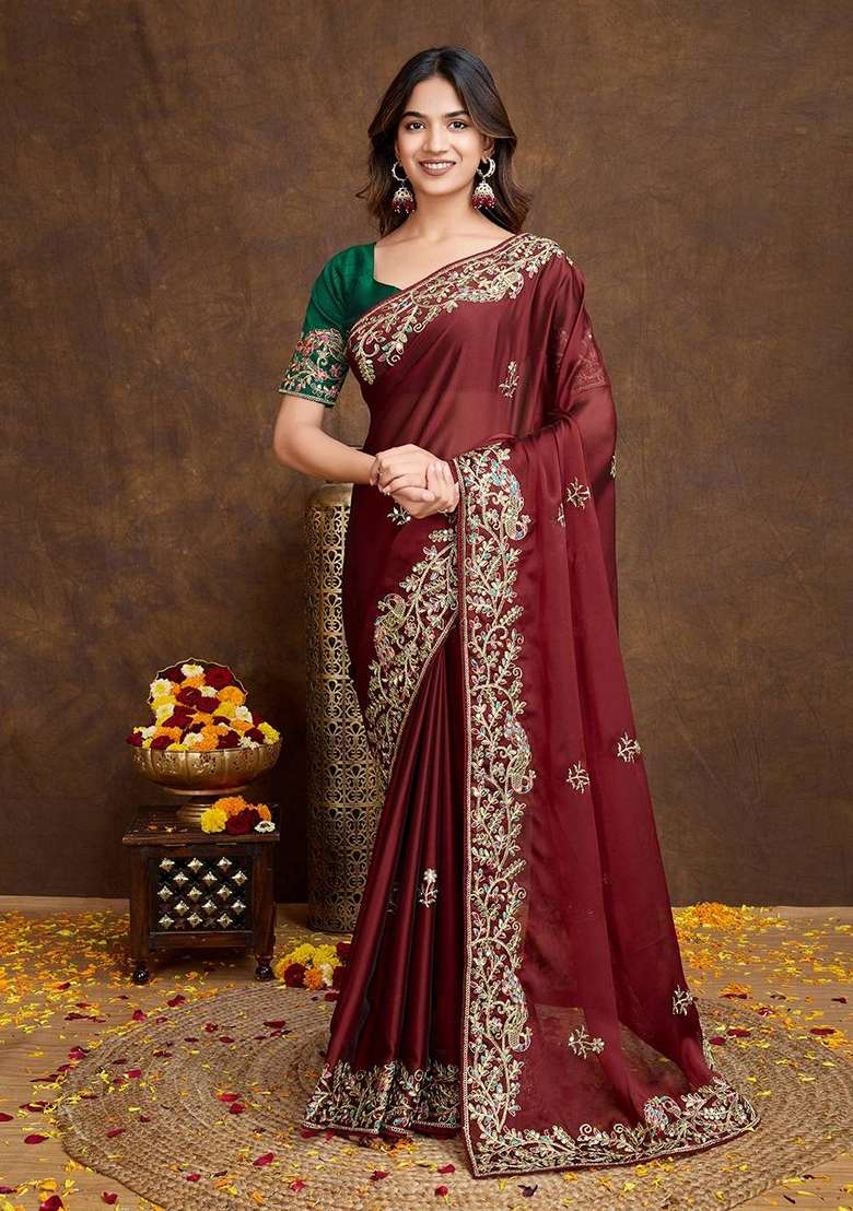 Maroon Embroidered Rangoli Silk Saree Set for Diwali and Festive Wear - Indya