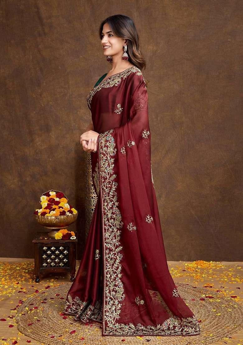 Maroon Embroidered Rangoli Silk Saree Set for Diwali and Festive Wear - Indya