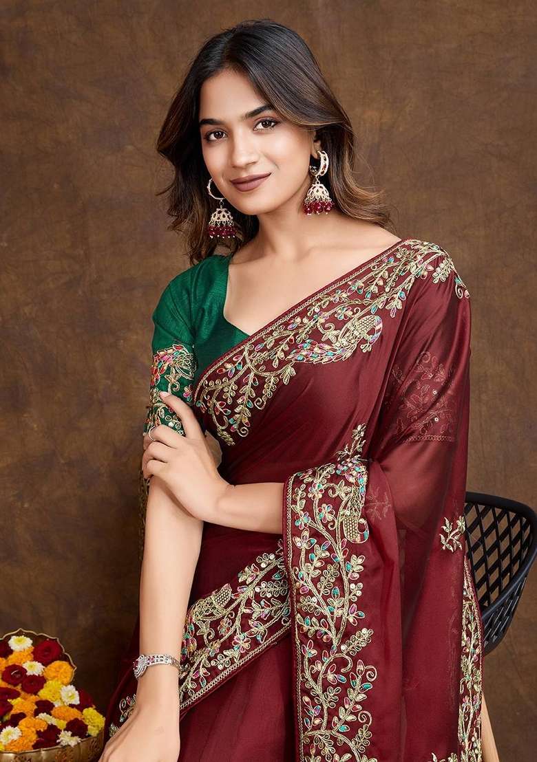 Maroon Embroidered Rangoli Silk Saree Set for Diwali and Festive Wear - Indya