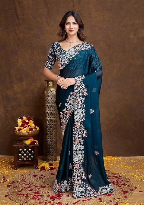 Teal Embroidered Rangoli Silk Saree Set