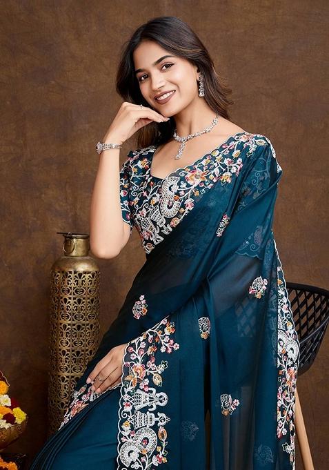 Teal Embroidered Rangoli Silk Saree Set