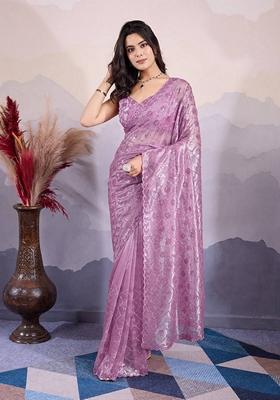 Lavender Embroidered Twill Net Saree Set