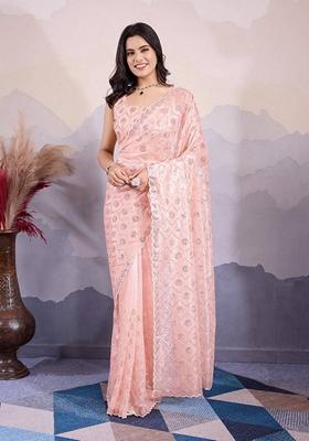 Peach Embroidered Twill Net Saree Set