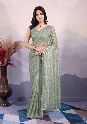 Sea Green Embroidered Twill Net Saree Set