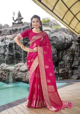 Rani Pink Jacquard Silk Saree Set