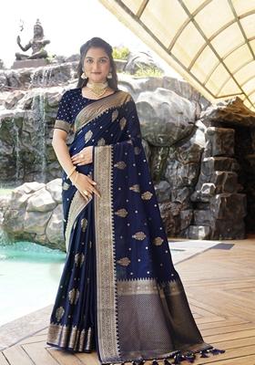 Navy Blue Jacquard Silk Saree Set