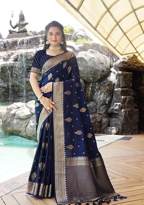 Navy Blue Jacquard Silk Saree Set