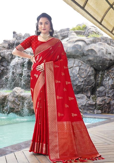 Red Jacquard Silk Saree Set