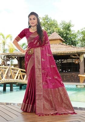 Magenta Jacquard Silk Saree Set