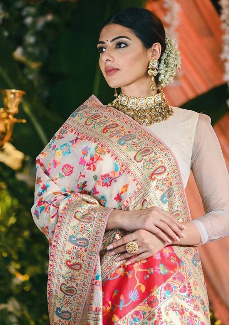 Multicolour Jacquard Banarasi Silk Saree Set