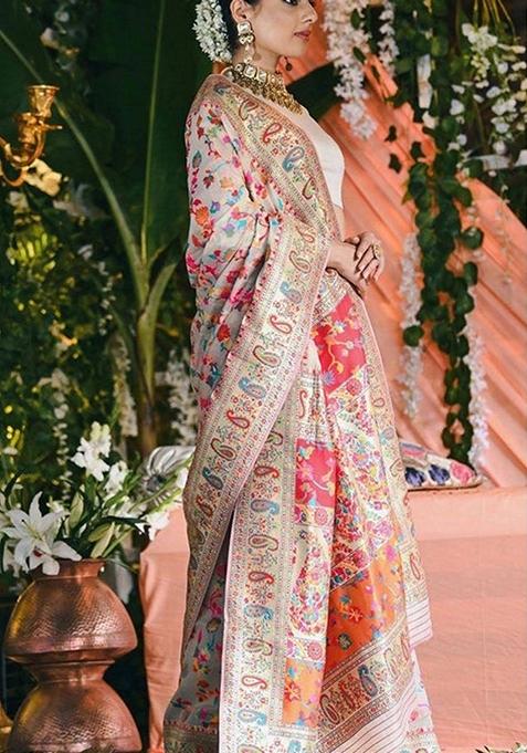 Multicolour Jacquard Banarasi Silk Saree Set