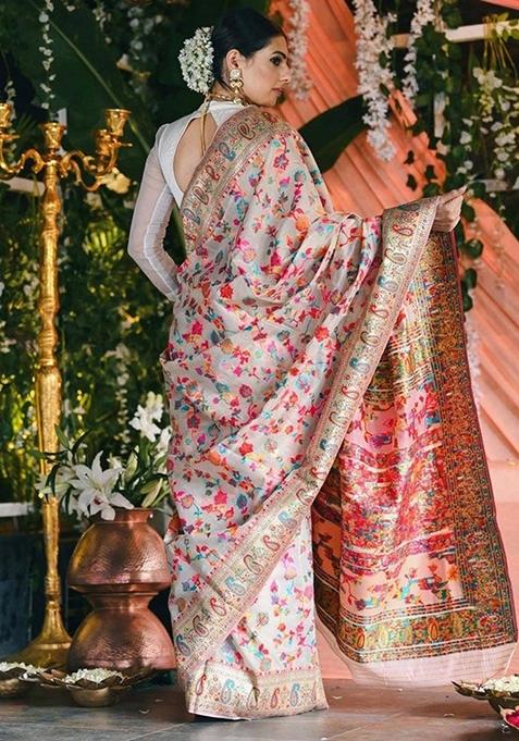 Multicolour Jacquard Banarasi Silk Saree Set