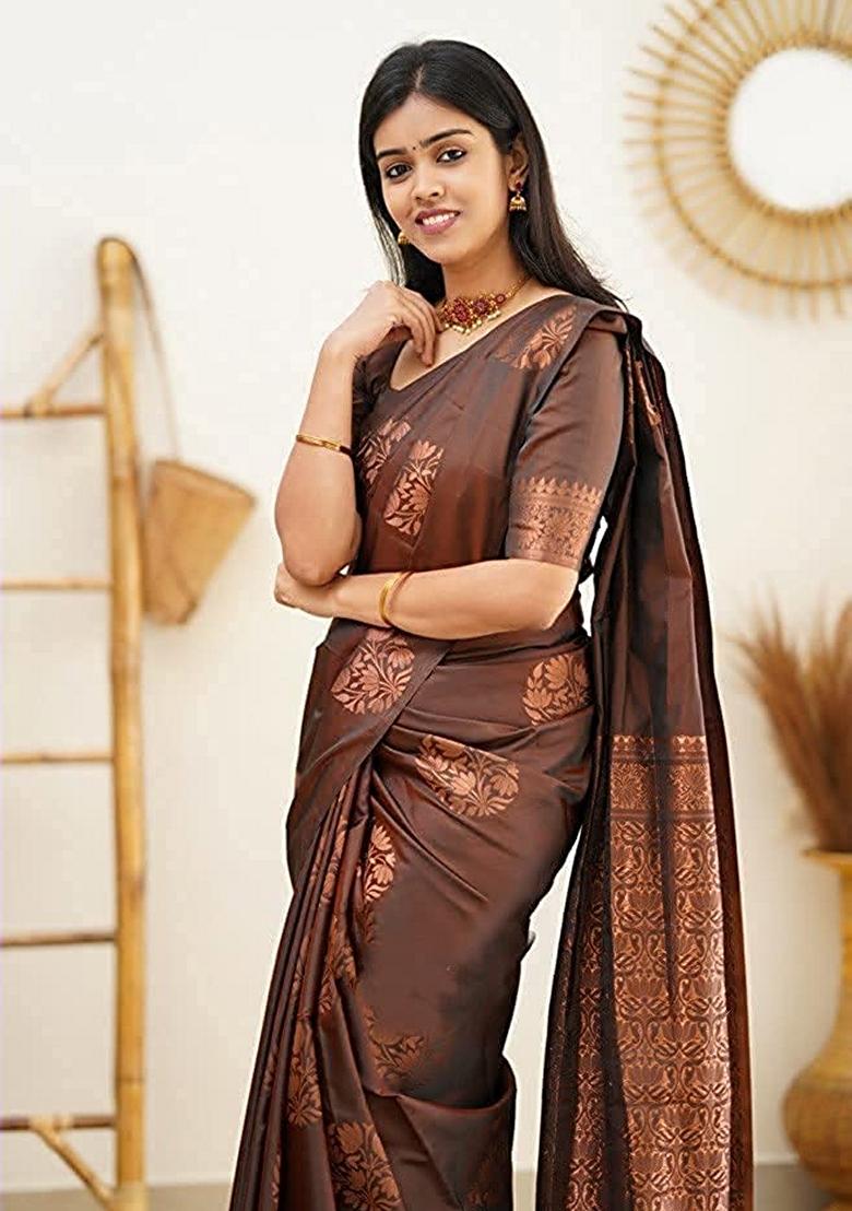 Copper Brown Jacquard Banarasi Art Silk Saree Set