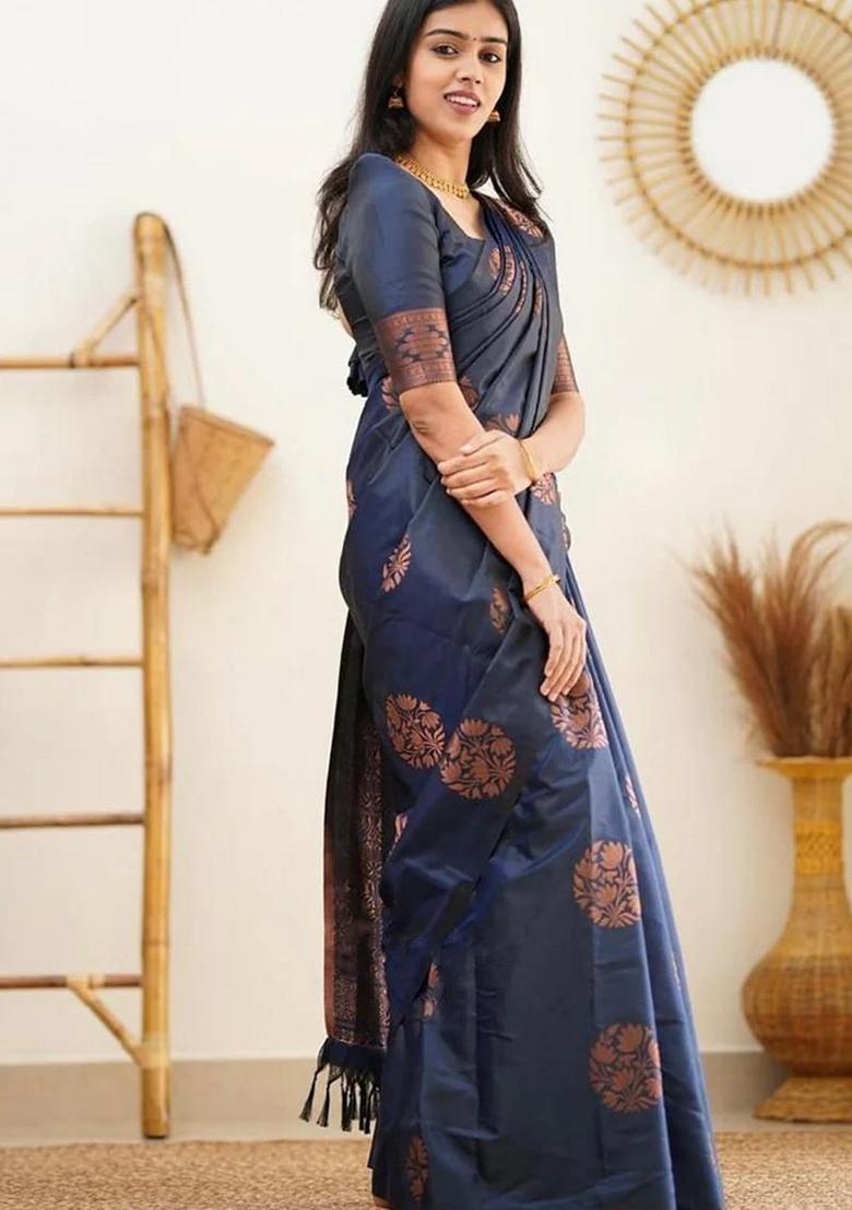 Navy Blue Jacquard Banarasi Art Silk Saree Set