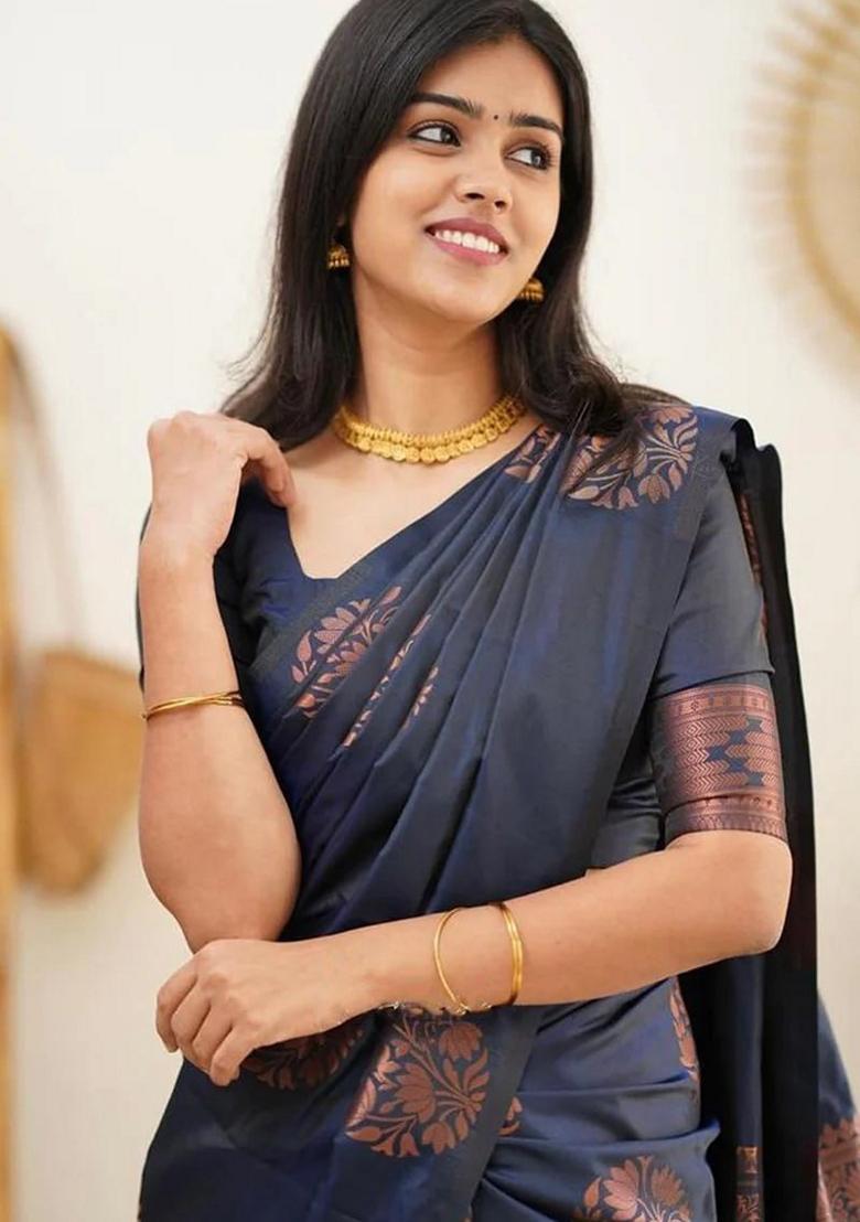 Navy Blue Jacquard Banarasi Art Silk Saree Set