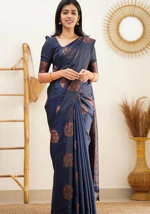 Navy Blue Jacquard Banarasi Art Silk Saree Set