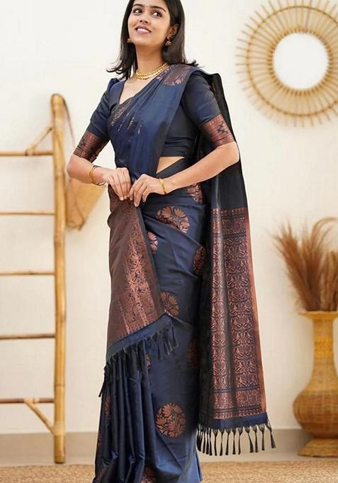 Navy Blue Jacquard Banarasi Art Silk Saree Set