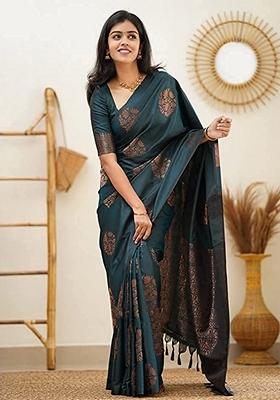 Teal Jacquard Banarasi Art Silk Saree Set