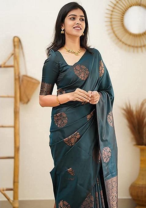 Teal Jacquard Banarasi Art Silk Saree Set